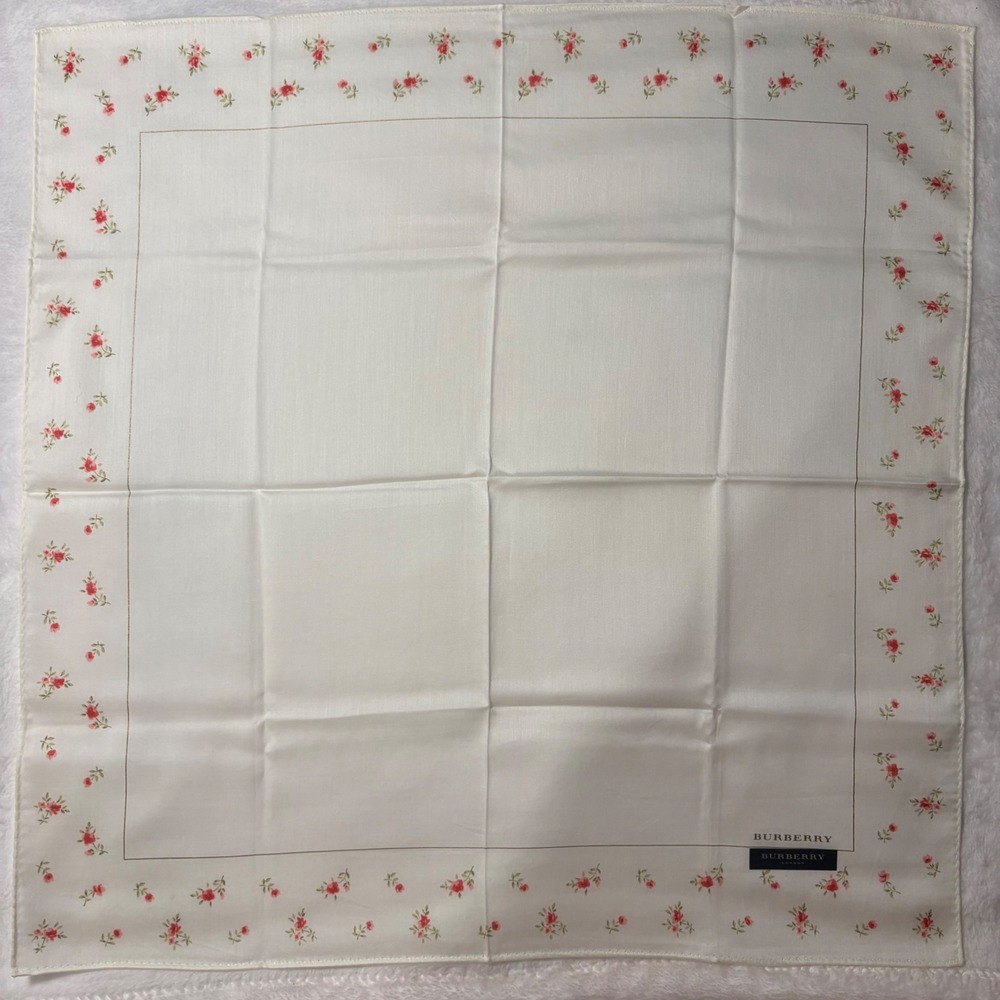 BURBERRY Scarf Handkerchief Floral Rosebud Silk Ivory White 19.5in